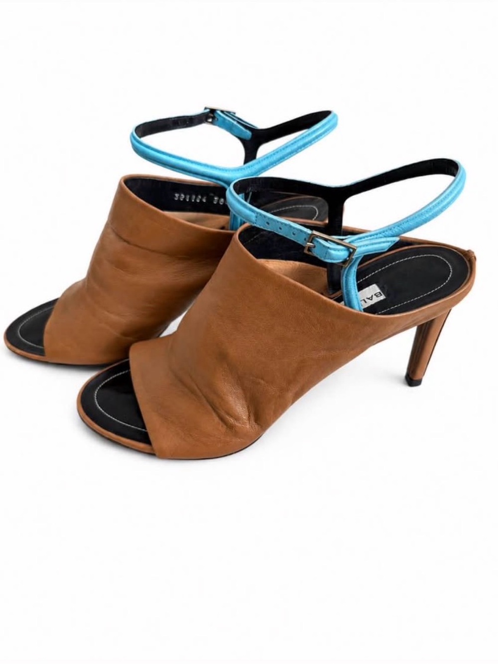 Stylish Tan Leather Open-Toe Heels with Turquoise Ankle Strap